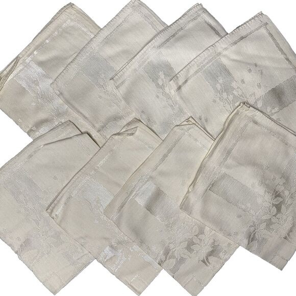 Vintage Cloth Dinner Napkins Set Of 8 Square 17" Damask Beige Foliage Floral - Picture 1 of 7